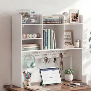 35.9" L White Desk Hutch with Pegboard, Dorm Desk Organizer | Multipurpose Desktop Bookshelf for Dorm Office Home, 3-Tier Wooden Display Rack for Computer Desk 35.9" L White Desk Hutch with Pegboard, Dorm Desk Organizer | Multipurpose Desktop Bookshelf for Dorm Office Home, 3-Tier Wooden Display Rack for Computer Desk