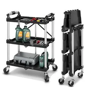 3-Tier Folding Utility Cart with Wheels Lockable, 265LB | Heavy Duty Collapsible Service Cart Foldable Rolling Carts for Home, Garage, Warehouses, Restaurants, Workshops 3-Tier Folding Utility Cart with Wheels Lockable, 265LB | Heavy Duty Collapsible Service Cart Foldable Rolling Carts for Home, Garage, Warehouses, Restaurants, Workshops
