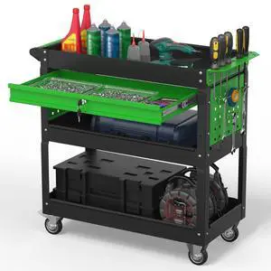 3 Tier Rolling Tool Cart on Wheels, 550 LBS Tool Cart with DrawersHeavy Duty Utility Cart with Pegboard and HooksMechanic Tool Storage Cart for Garage, Warehouse (Black-Green) 3 Tier Rolling Tool Cart on Wheels, 550 LBS Tool Cart with DrawersHeavy Duty Utility Cart with Pegboard and HooksMechanic Tool Storage Cart for Garage, Warehouse (Black-Green)