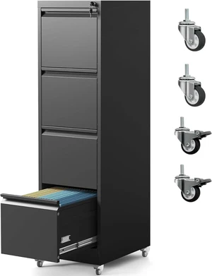 4 Drawer File Cabinet with Wheels, Metal Filing Cabinet with Lock and Wheels, Rolling Filing Storage Home Office, Vertical File Cabinets for Hanging Legal/Letter Size Files, Assembly Required, Black 4 Drawer File Cabinet with Wheels, Metal Filing Cabinet with Lock and Wheels, Rolling Filing Storage Home Office, Vertical File Cabinets for Hanging Legal/Letter Size Files, Assembly Required, Black