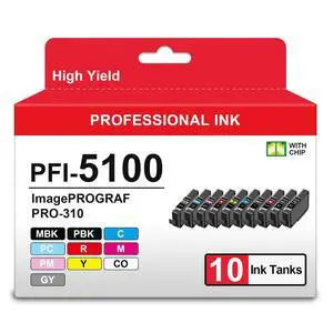 PRO310 PFI5100 Ink Cartridges High Yield Compatible for Canon PFI-5100 Ink | Replacement for Canon imagePROGRAF PRO-310 Printer,10 Color Pack Ink (MBK, PBK, C, M, Y, R, GY, PC, PM, CO) PRO310 PFI5100 Ink Cartridges High Yield Compatible for Canon PFI-5100 Ink | Replacement for Canon imagePROGRAF PRO-310 Printer,10 Color Pack Ink (MBK, PBK, C, M, Y, R, GY, PC, PM, CO)