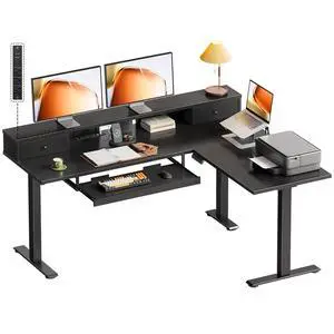 59 Inch L Shaped Electric Standing Desk with Drawers, Black | Monitor Stand, Keyboard Tray, Fabric Drawer, Power Outlets, Height Adjustable Corner Stand Up Desk for Organized Home Office 59 Inch L Shaped Electric Standing Desk with Drawers, Black | Monitor Stand, Keyboard Tray, Fabric Drawer, Power Outlets, Height Adjustable Corner Stand Up Desk for Organized Home Office
