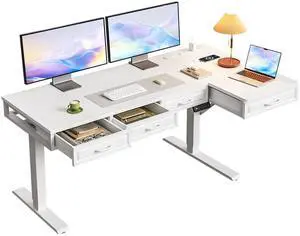55 Inch L Shaped Standing Desk with 4 Wooden Drawers, White | Reversible Corner Table, Office Table With 4 Wooden Drawers and Outlets For Home Office, Computer Workstation, Sit Stand Use 55 Inch L Shaped Standing Desk with 4 Wooden Drawers, White | Reversible Corner Table, Office Table With 4 Wooden Drawers and Outlets For Home Office, Computer Workstation, Sit Stand Use