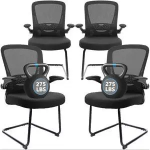 Office Guest Chair no Wheels with Lumbar Support and Flip-up Armrest Mid Back Mesh Space Air Grid Series Sled Base for Reception Conference Room Black Set of 4 Office Guest Chair no Wheels with Lumbar Support and Flip-up Armrest Mid Back Mesh Space Air Grid Series Sled Base for Reception Conference Room Black Set of 4