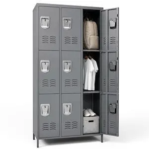 9-Door Lockers for Employees, Metal Storage Cabinet | Heavy-duty steel, lockable, shelves & hooks, ventilated, card slot included, fits home/office/school/gym, easy assembly 9-Door Lockers for Employees, Metal Storage Cabinet | Heavy-duty steel, lockable, shelves & hooks, ventilated, card slot included, fits home/office/school/gym, easy assembly