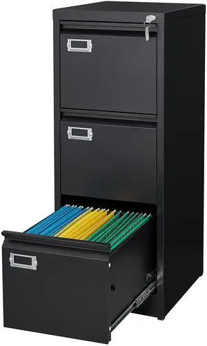 3 Drawer File Cabinet, Black Metal Vertical Filing Cabinet with Lock, Home Office File Folders Storage Cabinet for Letter Legal A4 File Size 3 Drawer File Cabinet, Black Metal Vertical Filing Cabinet with Lock, Home Office File Folders Storage Cabinet for Letter Legal A4 File Size