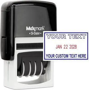 MaxMark Office Date Self Inking Stamp with 2-Line Custom Text - 1" x 1-5/8 - 2-Color Blue/Red Ink MaxMark Office Date Self Inking Stamp with 2-Line Custom Text - 1" x 1-5/8 - 2-Color Blue/Red Ink