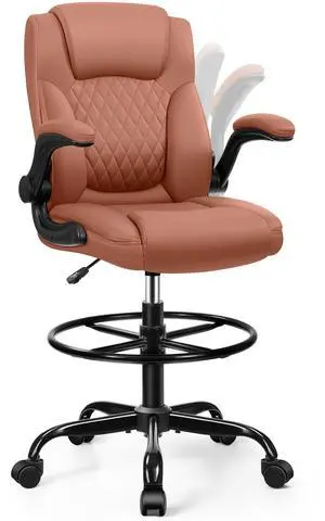 Drafting Chair, Tall Office Chair for Standing Desk, High Executive Leather Ergonomic Computer Chair with Adjustable Height and Flip-Up Armrest for Counter Height Desk, Brown, Pack of 1 Drafting Chair, Tall Office Chair for Standing Desk, High Executive Leather Ergonomic Computer Chair with Adjustable Height and Flip-Up Armrest for Counter Height Desk, Brown, Pack of 1
