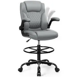 Drafting Chair, Tall Office Chair for Standing Desk, High Executive Leather Ergonomic Computer Chair with Adjustable Height and Flip-Up Armrest for Counter Height Desk, Grey, Pack of 1 Drafting Chair, Tall Office Chair for Standing Desk, High Executive Leather Ergonomic Computer Chair with Adjustable Height and Flip-Up Armrest for Counter Height Desk, Grey, Pack of 1