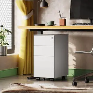 3 Drawer Slim File Cabinet with Lock, Fully Assembled | Under Desk Metal Filing Cabinet with Wheels for Home Office, Fits Legal/Letter/A4 File, - White 3 Drawer Slim File Cabinet with Lock, Fully Assembled | Under Desk Metal Filing Cabinet with Wheels for Home Office, Fits Legal/Letter/A4 File, - White