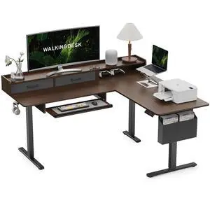 63 Inches Height Adjustable L Shaped Standing Desk with 2 Drawers and Keyboard Tray, Electric Sit to Stand Home Office Comupter Table, Ergonomic Corner Gaming Desk, Black Walnut 63 Inches Height Adjustable L Shaped Standing Desk with 2 Drawers and Keyboard Tray, Electric Sit to Stand Home Office Comupter Table, Ergonomic Corner Gaming Desk, Black Walnut