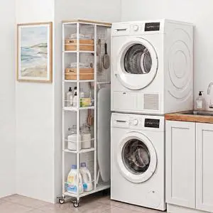 8.3" W Slim Utility Storage Cart, Laundry Cart with Wheels, 5-Tier Storage Shelf & Pegboard, Metal Narrow Laundry Room Shelves Trolley, Thin Rolling Kitchen Storage Cart, White 8.3" W Slim Utility Storage Cart, Laundry Cart with Wheels, 5-Tier Storage Shelf & Pegboard, Metal Narrow Laundry Room Shelves Trolley, Thin Rolling Kitchen Storage Cart, White