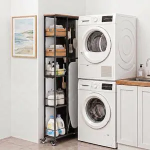 8.3" W Utility Slim Storage Cart, Laundry Cart with Wheels, 5-Tier Storage Shelf & Pegboard, Metal Narrow Laundry Room Shelves Trolley, Thin Rolling Kitchen Storage Cart, Black 8.3" W Utility Slim Storage Cart, Laundry Cart with Wheels, 5-Tier Storage Shelf & Pegboard, Metal Narrow Laundry Room Shelves Trolley, Thin Rolling Kitchen Storage Cart, Black