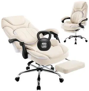 Comfortable Reclining Office Desk Chair with Foot Leg Rest, Beige | Big Tall Computer Gaming Chair, Adjustable Lumbar Back Support, Wide Seat, Heavy Duty, Wheels, Faux Leather Comfortable Reclining Office Desk Chair with Foot Leg Rest, Beige | Big Tall Computer Gaming Chair, Adjustable Lumbar Back Support, Wide Seat, Heavy Duty, Wheels, Faux Leather