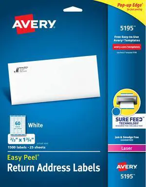 Printable Return Address Labels, Sure Feed Technology, 2/3" x 1-3/4", White, 1,500 Blank Mailing Labels (05195) Printable Return Address Labels, Sure Feed Technology, 2/3" x 1-3/4", White, 1,500 Blank Mailing Labels (05195)