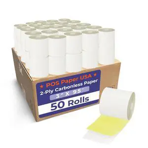3" x 95' 2-Ply Carbonless Paper (50 Rolls/Case) - White/Yellow - BPA Free 3" x 95' 2-Ply Carbonless Paper (50 Rolls/Case) - White/Yellow - BPA Free