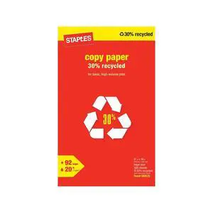 30% Recycled 8.5" x 14" Copy Paper, 20 lbs., 92 Brightness, 500/Ream 30% Recycled 8.5" x 14" Copy Paper, 20 lbs., 92 Brightness, 500/Ream
