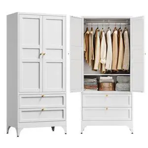 71" Metal Wardrobe Cabinets with 2 Drawers,Steel Armoire Wardrobe Closet with Doors and Shelves,Clothing Storage Cabinets with Hanging Rod for Bedroom, Gym, Cloak Room,White 71" Metal Wardrobe Cabinets with 2 Drawers,Steel Armoire Wardrobe Closet with Doors and Shelves,Clothing Storage Cabinets with Hanging Rod for Bedroom, Gym, Cloak Room,White