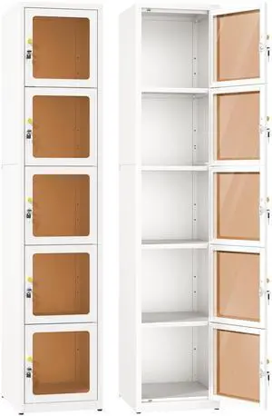 5 Glass Doors Metal Locker Organizer | 5 Lock,4 Adjustable feet,72.83"H Cabinet, Lockable Locker for Employees,Home, Office, Gym, School, Garage, White 5 Glass Doors Metal Locker Organizer | 5 Lock,4 Adjustable feet,72.83"H Cabinet, Lockable Locker for Employees,Home, Office, Gym, School, Garage, White