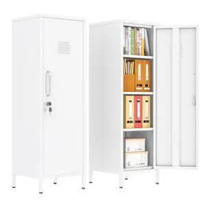 47.24" White Lockable Small Metal Storage Locker | 1 Door & 3 Adjustable Shelves, Steel Cabinet for Employees, Home, School, Office & Gym 47.24" White Lockable Small Metal Storage Locker | 1 Door & 3 Adjustable Shelves, Steel Cabinet for Employees, Home, School, Office & Gym