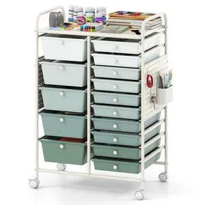 15 Drawer Storage Cart, Rolling Craft Cart with Metal Tabletop & Pegboard, Mobile Utility Organizer Trolley with Locking Wheels, Home Office, Classroom, Teacher Supplies, Green Gradient 15 Drawer Storage Cart, Rolling Craft Cart with Metal Tabletop & Pegboard, Mobile Utility Organizer Trolley with Locking Wheels, Home Office, Classroom, Teacher Supplies, Green Gradient