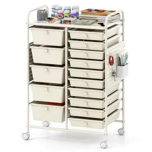 15 Drawer Storage Cart, Rolling Craft Cart with Metal Tabletop & Pegboard, Mobile Utility Organizer Trolley with Locking Wheels, Home Office, Classroom, Teacher Supplies, Ivory 15 Drawer Storage Cart, Rolling Craft Cart with Metal Tabletop & Pegboard, Mobile Utility Organizer Trolley with Locking Wheels, Home Office, Classroom, Teacher Supplies, Ivory