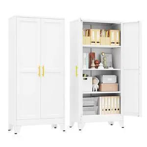 61" White Steel Tall Garage Storage Cabinet | Office File Cabinet with 2 Doors 3 Adjustable Shelves, Multipurpose Steel Organizer for Home, Office & Garage 61" White Steel Tall Garage Storage Cabinet | Office File Cabinet with 2 Doors 3 Adjustable Shelves, Multipurpose Steel Organizer for Home, Office & Garage
