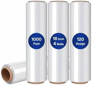 Industrial Stretch Wrap, 18" x 1000', 120 Gauge 45 Microns, Up to 1200% Stretch, Clear Heavy Duty Self-Adhering Plastic Film for Pallet Packing Moving Shipping Box of 4 Rolls Industrial Stretch Wrap, 18" x 1000', 120 Gauge 45 Microns, Up to 1200% Stretch, Clear Heavy Duty Self-Adhering Plastic Film for Pallet Packing Moving Shipping Box of 4 Rolls