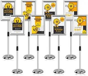 8.5x11 Sign Stands for Display, Adjustable Sign Holder Silver 8ct | Stable Fillable Base, Snap-Open 10-Second Changes, Anti-Glare Lens, Great for Retail, Weddings, Adjustable 31"-52" 8.5x11 Sign Stands for Display, Adjustable Sign Holder Silver 8ct | Stable Fillable Base, Snap-Open 10-Second Changes, Anti-Glare Lens, Great for Retail, Weddings, Adjustable 31"-52"