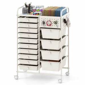 14 Drawer Storage Cart, Rolling Craft Cart with Metal Tabletop & Pegboard, Mobile Utility Organizer Trolley with Locking Wheels, Home Office, Ivory 14 Drawer Storage Cart, Rolling Craft Cart with Metal Tabletop & Pegboard, Mobile Utility Organizer Trolley with Locking Wheels, Home Office, Ivory