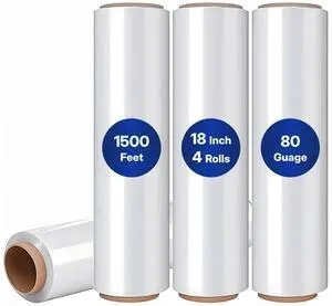 Industrial Stretch Wrap, 18" x 1500', 80 Gauge 30 Microns, Up to 800% Stretch, Clear Heavy Duty Self-Adhering Plastic Film for Pallet Packing Moving Shipping Box of 4 Rolls Industrial Stretch Wrap, 18" x 1500', 80 Gauge 30 Microns, Up to 800% Stretch, Clear Heavy Duty Self-Adhering Plastic Film for Pallet Packing Moving Shipping Box of 4 Rolls