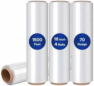 Industrial Stretch Wrap, 18" x 1500', 70 Gauge 26 Microns, Up to 700% Stretch, Clear Heavy Duty Self-Adhering Plastic Film for Pallet Packing Moving Shipping Box of 4 Rolls Industrial Stretch Wrap, 18" x 1500', 70 Gauge 26 Microns, Up to 700% Stretch, Clear Heavy Duty Self-Adhering Plastic Film for Pallet Packing Moving Shipping Box of 4 Rolls