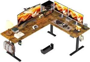 75x61 Inches Reversible L Shaped Standing Desk Height Adjustable with Cup Holder, Electric Corner Computer Workstation for Home Office, Ergonomic Sit Stand up Gaming Desk, Rustic Brown 75x61 Inches Reversible L Shaped Standing Desk Height Adjustable with Cup Holder, Electric Corner Computer Workstation for Home Office, Ergonomic Sit Stand up Gaming Desk, Rustic Brown