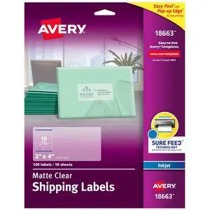 Printable Shipping Labels with Sure Feed, 2" x 4", Matte Clear, 100 Blank Mailing Labels (18663) Printable Shipping Labels with Sure Feed, 2" x 4", Matte Clear, 100 Blank Mailing Labels (18663)