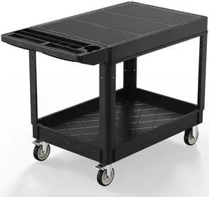Plastic Utility Cart on Wheels, Large Flat Top Rolling Service Cart-Black | 46 x 25 Inch 2 Shelf Work Carts, 500 lbs Capacity Heavy Duty Tool Cart W/Tub Storage, for Warehouse, Garage, Cleaning Plastic Utility Cart on Wheels, Large Flat Top Rolling Service Cart-Black | 46 x 25 Inch 2 Shelf Work Carts, 500 lbs Capacity Heavy Duty Tool Cart W/Tub Storage, for Warehouse, Garage, Cleaning