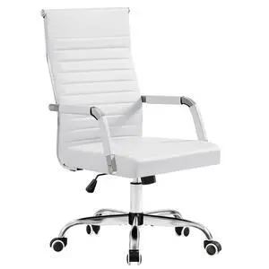 Ergonomic Office Desk Chair, Executive Ribbed Mid-Back PU Leather Conference Room Chair Adjustable Swivel Chair with Arms (1, White) Ergonomic Office Desk Chair, Executive Ribbed Mid-Back PU Leather Conference Room Chair Adjustable Swivel Chair with Arms (1, White)