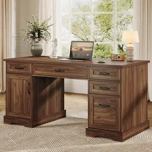 Farmhouse 59 Inch Executive Desk with Drawers, Walnut | Computer Table with File Cabinet, Charging Station, Office Desk with Drawers for Writing, Home Office, Computer Workstation Farmhouse 59 Inch Executive Desk with Drawers, Walnut | Computer Table with File Cabinet, Charging Station, Office Desk with Drawers for Writing, Home Office, Computer Workstation