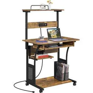 Small 3-Tier Rolling Computer Desk, Power Outlet, Rustic Brown | Engineered wood tiers and metal frame suit small spaces, holding a monitor, printer, and keyboard tray by a built-in outlet Small 3-Tier Rolling Computer Desk, Power Outlet, Rustic Brown | Engineered wood tiers and metal frame suit small spaces, holding a monitor, printer, and keyboard tray by a built-in outlet