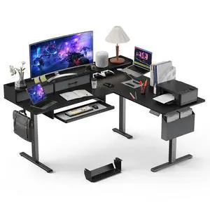 63 Inches L Shaped Standing Desk with Keyboard Tray and 2 Drawers, L Shaped Electric Standing Desk, Adjustable L Shaped Office Desk,Corner Standing Desk for Home Office, Black 63 Inches L Shaped Standing Desk with Keyboard Tray and 2 Drawers, L Shaped Electric Standing Desk, Adjustable L Shaped Office Desk,Corner Standing Desk for Home Office, Black