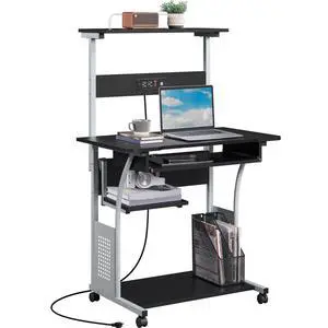 Small 3-Tier Rolling Computer Desk, Power Outlet, Black | Engineered wood tiers and metal frame suit small spaces, holding a monitor, printer, and keyboard tray by a built-in outlet Small 3-Tier Rolling Computer Desk, Power Outlet, Black | Engineered wood tiers and metal frame suit small spaces, holding a monitor, printer, and keyboard tray by a built-in outlet