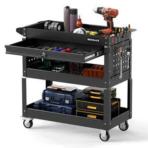 3 Tier Rolling Tool Cart with Lockable Drawer, Heavy Duty Metal Utility Cart on Wheels with Pegboards & Hooks, Mechanic Tool Storage Organizer for Garage, Warehouse & Workshop (Black) 3 Tier Rolling Tool Cart with Lockable Drawer, Heavy Duty Metal Utility Cart on Wheels with Pegboards & Hooks, Mechanic Tool Storage Organizer for Garage, Warehouse & Workshop (Black)