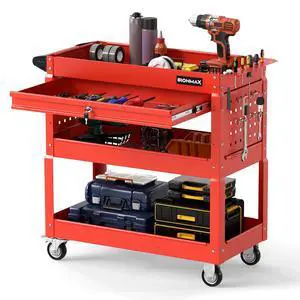 3 Tier Rolling Tool Cart with Lockable Drawer, Heavy Duty Metal Utility Cart on Wheels with Pegboards & Hooks, Mechanic Tool Storage Organizer for Garage, Warehouse & Workshop (Red) 3 Tier Rolling Tool Cart with Lockable Drawer, Heavy Duty Metal Utility Cart on Wheels with Pegboards & Hooks, Mechanic Tool Storage Organizer for Garage, Warehouse & Workshop (Red)
