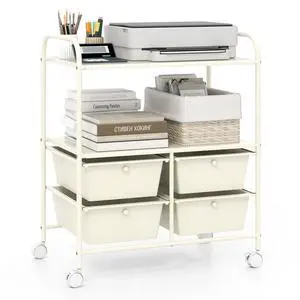 Rolling Storage Cart w/ 4 Drawers 2 Shelves Metal Rack Shelf Home Office School Beauty Salon Utility Organizer Cart with Wheels, Ivory Rolling Storage Cart w/ 4 Drawers 2 Shelves Metal Rack Shelf Home Office School Beauty Salon Utility Organizer Cart with Wheels, Ivory