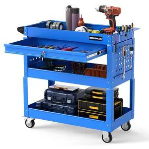 3 Tier Rolling Tool Cart with Lockable Drawer, Heavy Duty Metal Utility Cart on Wheels with Pegboards & Hooks, Mechanic Tool Storage Organizer for Garage, Warehouse & Workshop (Blue) 3 Tier Rolling Tool Cart with Lockable Drawer, Heavy Duty Metal Utility Cart on Wheels with Pegboards & Hooks, Mechanic Tool Storage Organizer for Garage, Warehouse & Workshop (Blue)