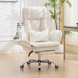Big and Tall Cross Legged Office Chair with Flip Armrests and Foot Rest | Off-White Executive Ergonomic Gaming Computer Chair, Chenille Fabric for Pet Friendly Use with Lumbar Pillow, 155° Reclining Big and Tall Cross Legged Office Chair with Flip Armrests and Foot Rest | Off-White Executive Ergonomic Gaming Computer Chair, Chenille Fabric for Pet Friendly Use with Lumbar Pillow, 155° Reclining