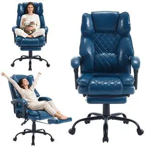 Reclining Ergonomic Office Chair with Footrest, Blue | Big Tall Recliner Executive Desk Chair, Lumbar Support, 400lbs, Heavy Duty, Vintage Leather, High Back Reclining Ergonomic Office Chair with Footrest, Blue | Big Tall Recliner Executive Desk Chair, Lumbar Support, 400lbs, Heavy Duty, Vintage Leather, High Back