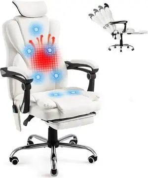 Massage and Heat Office Chair with 7 Points, Ergonomic Reclining Office Chair Executive Home Desk Chair w/Retractable Footrest&Headrest, Cream White Leather Massage and Heat Office Chair with 7 Points, Ergonomic Reclining Office Chair Executive Home Desk Chair w/Retractable Footrest&Headrest, Cream White Leather