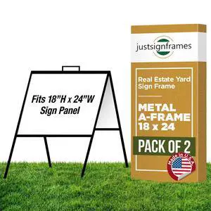 A-Frame Sign Holder - Folding Open House Stand, 18 x 24 in, Black, 2 Packs | Holds Poster Board, Sidewalk & Foam Board, Angle Iron Metal Build, Slide-In Assembly, Powder-Coated, Outdoor & Business Use A-Frame Sign Holder - Folding Open House Stand, 18 x 24 in, Black, 2 Packs | Holds Poster Board, Sidewalk & Foam Board, Angle Iron Metal Build, Slide-In Assembly, Powder-Coated, Outdoor & Business Use