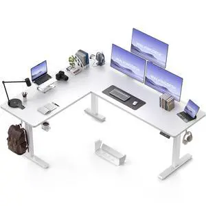 75x61 Inches Reversible L Shaped Standing Desk Height Adjustable with Cup Holder, Electric Corner Computer Workstation for Home Office, Sit Stand up Gaming Desk with Cable Management White 75x61 Inches Reversible L Shaped Standing Desk Height Adjustable with Cup Holder, Electric Corner Computer Workstation for Home Office, Sit Stand up Gaming Desk with Cable Management White