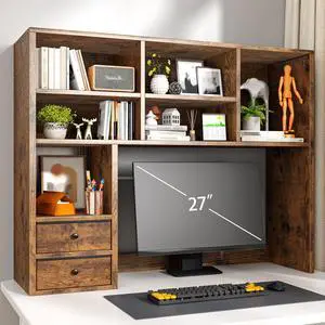 Desktop Bookshelf, 7 Shelves and 2 Drawers, Adjustable, Rustic Brown | Small Space Organizers, Anti-Tip for Secure Stability Desktop Bookshelf, 7 Shelves and 2 Drawers, Adjustable, Rustic Brown | Small Space Organizers, Anti-Tip for Secure Stability